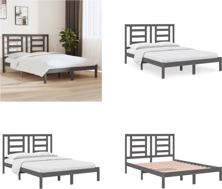 VidaXL Bedframe massief grenenhout grijs 135x190 cm 4FT6 Double Bedframe Bedframes Bed Bedbodem