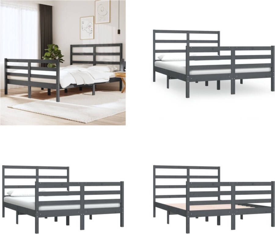 VidaXL Bedframe massief grenenhout grijs 135x190 cm 4FT6 Double Bedframe Bedframes Bed Bedbodem