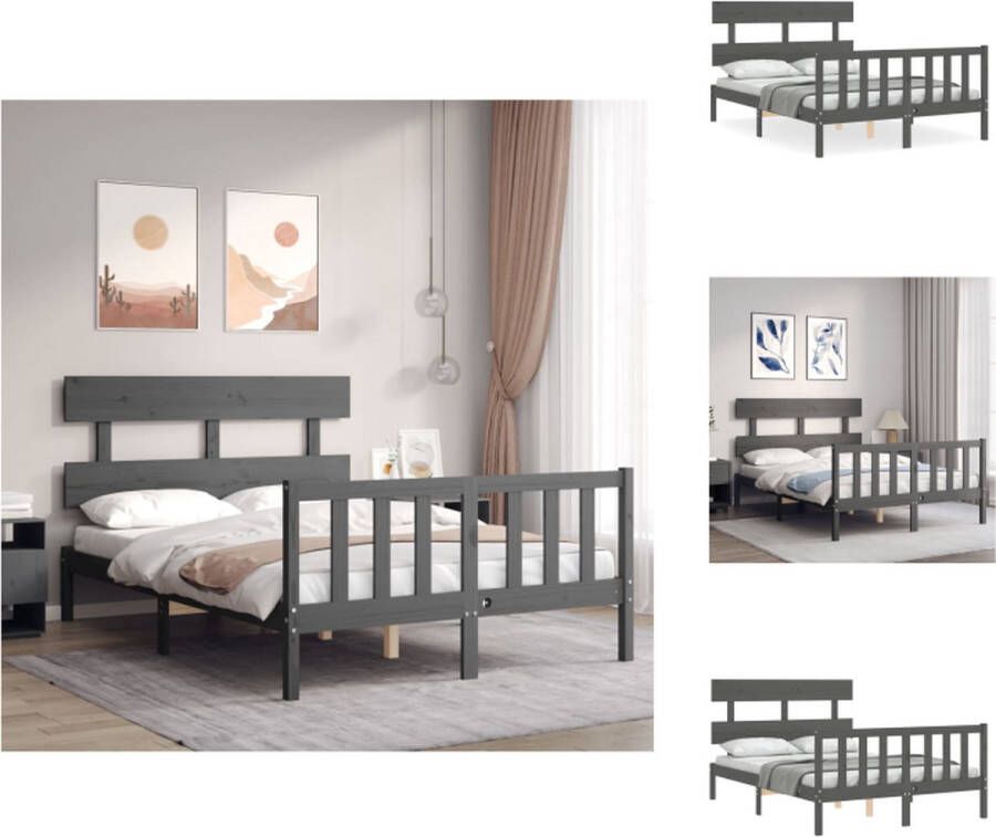 VidaXL Bedframe Massief Grenenhout Grijs 205.5 x 125.5 x 81 cm Multiplex Lattenbodem Functioneel hoofd- en voeteneinde Matras niet inbegrepen Bed