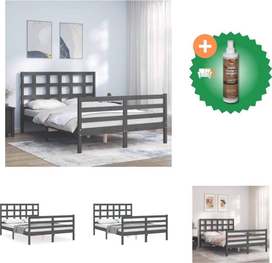 VidaXL Bedframe Massief Grenenhout Grijs 205.5 x 145.5 x 100 cm Functioneel hoofd- en voeteneinde Montage vereist Bed Inclusief Houtreiniger en verfrisser