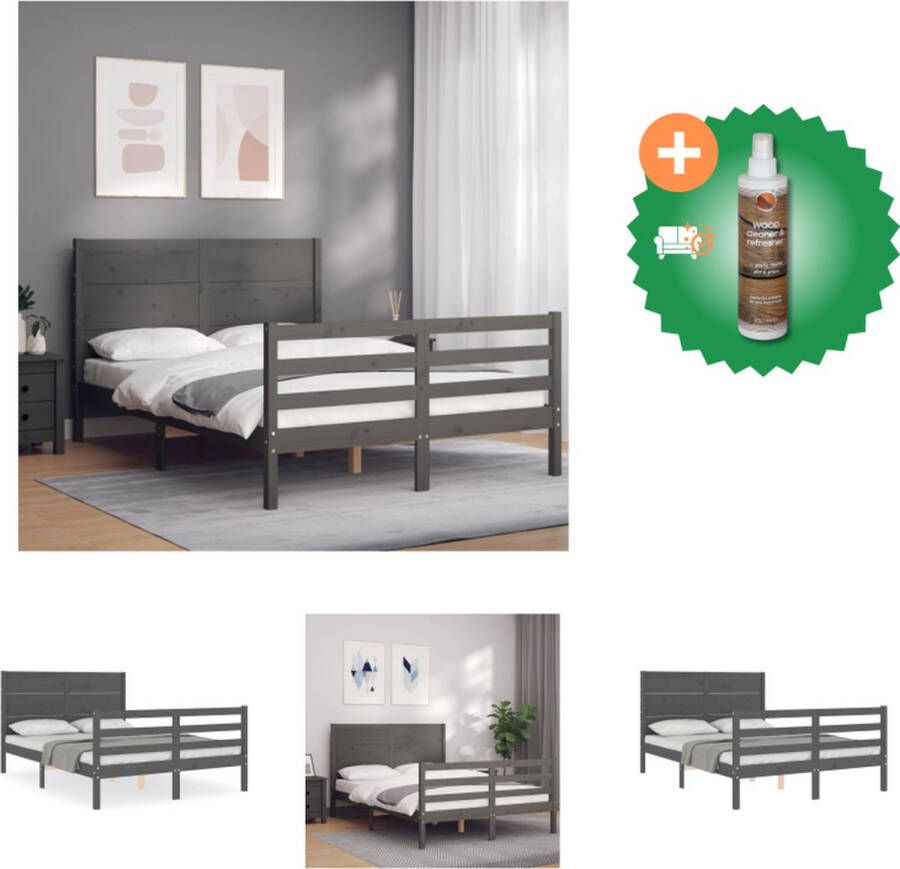 VidaXL Bedframe Massief Grenenhout Grijs 205.5 x 145.5 x 100 cm Multiplex Lattenbodem Bed Inclusief Houtreiniger en verfrisser