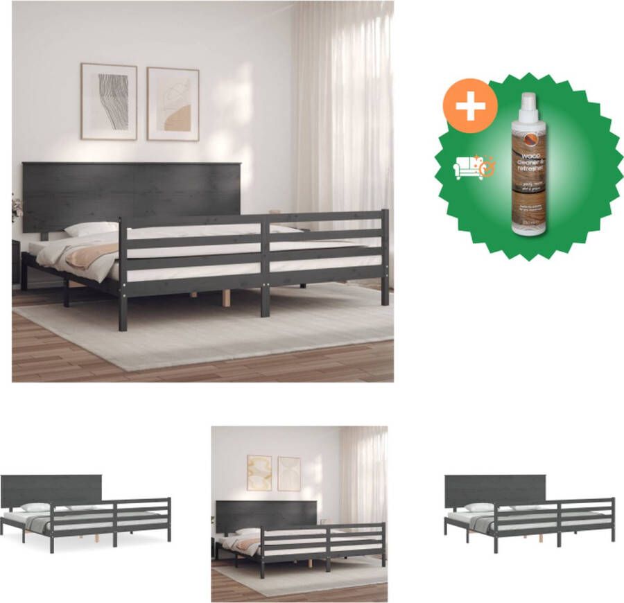 vidaXL Bedframe Massief Grenenhout Grijs 205.5 x 205.5 x 82.5 cm Multiplex lattenbodem Hoofd- en voeteneinde Geschikt voor 200 x 200 cm matras Montage vereist Bed Inclusief Houtreiniger en verfrisser