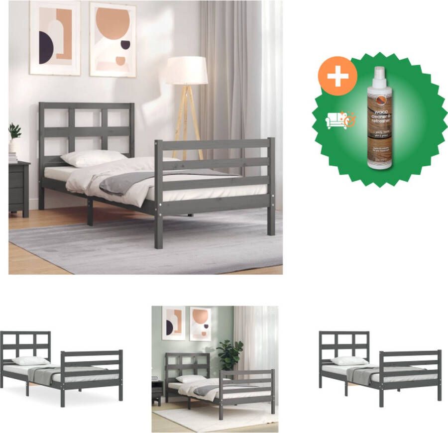 vidaXL Bedframe Massief Grenenhout Grijs 205.5 x 95.5 x 100 cm Multiplex Lattenbodem Bed Inclusief Houtreiniger en verfrisser