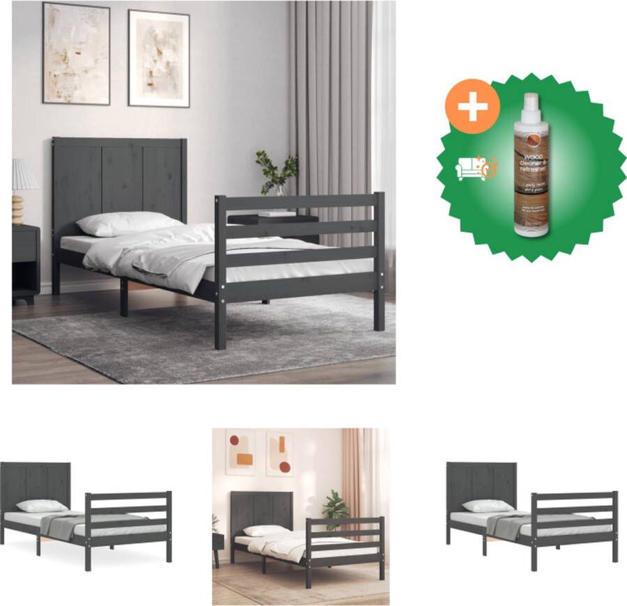 vidaXL Bedframe Massief Grenenhout Grijs 205.5 x 95.5 x 100 cm Multiplex lattenbodem Bed Inclusief Houtreiniger en verfrisser