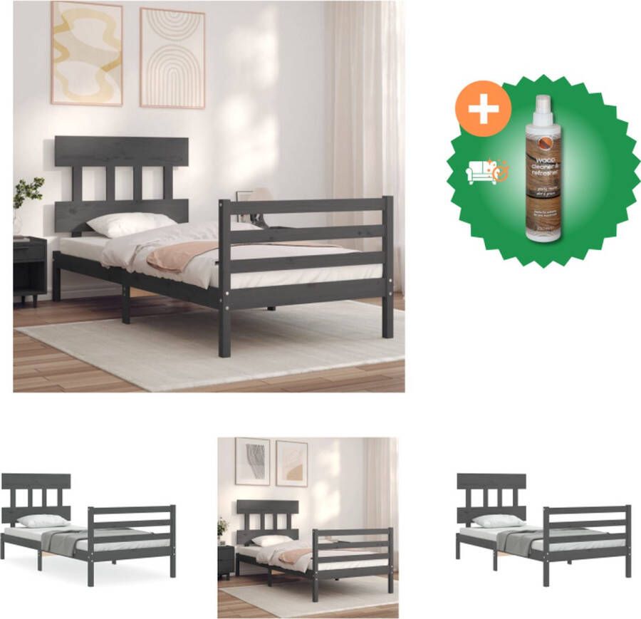 vidaXL Bedframe Massief Grenenhout Grijs 205.5 x 95.5 x 81 cm Multiplex Lattenbodem Functionaliteit Hoofd- en Voeteneinde Bed Inclusief Houtreiniger en verfrisser