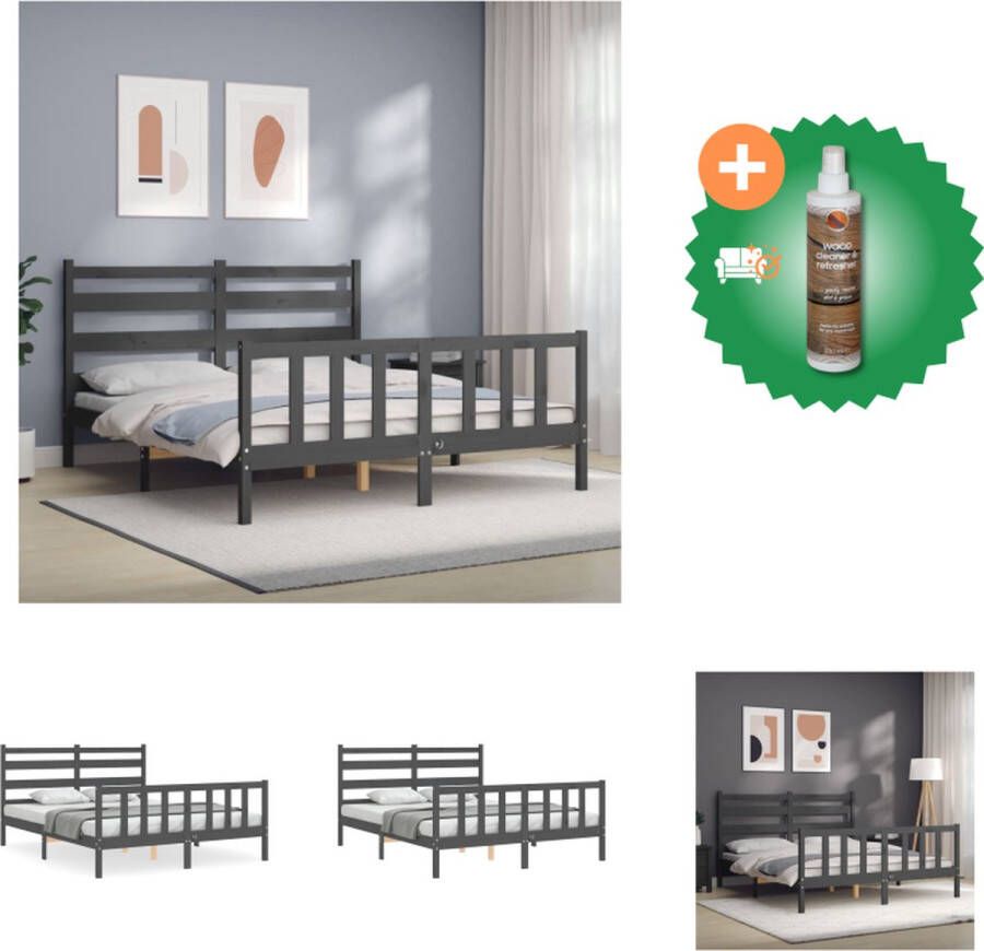 VidaXL Massief Grenenhouten Bedframe Grijs 205.5 x 155.5 x 100 cm Multiplex Lattenbodem Functioneel Hoofd- en Voeteneinde Matras niet inbegrepen Bed Inclusief Houtreiniger en verfrisser