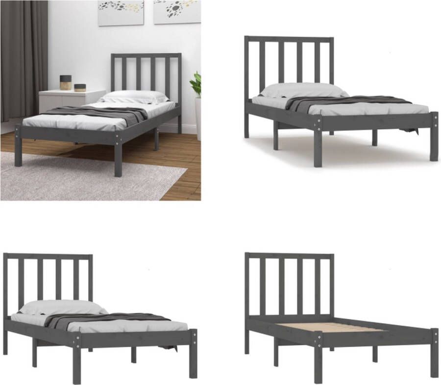 vidaXL Bedframe massief grenenhout grijs 75x190 cm 2FT6 Small Single Bedframe Bedframes Bed Bedbodem