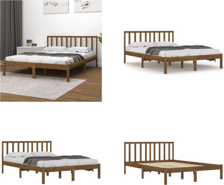 VidaXL Bedframe massief grenenhout honingbruin 135x190 cm 4FT6 Double Bedframe Bedframes Bed Bedbodem - Foto 3