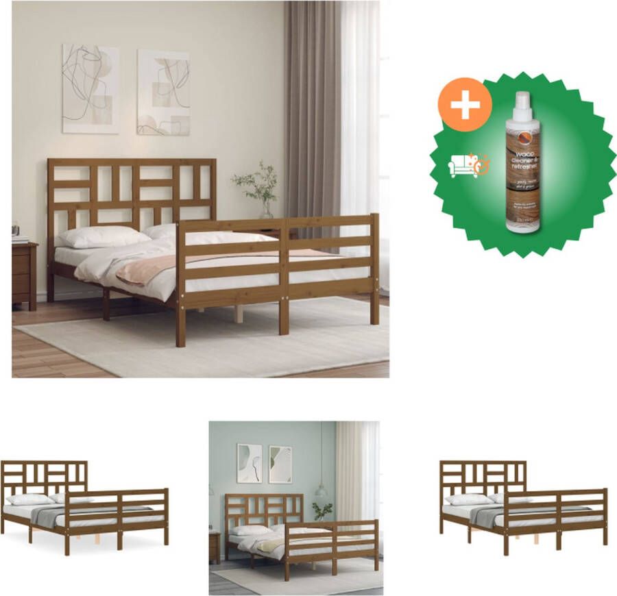 VidaXL Bedframe Massief Grenenhout Honingbruin 205.5 x 145.5 x 104 cm Multiplex Lattenbodem Bed Inclusief Houtreiniger en verfrisser
