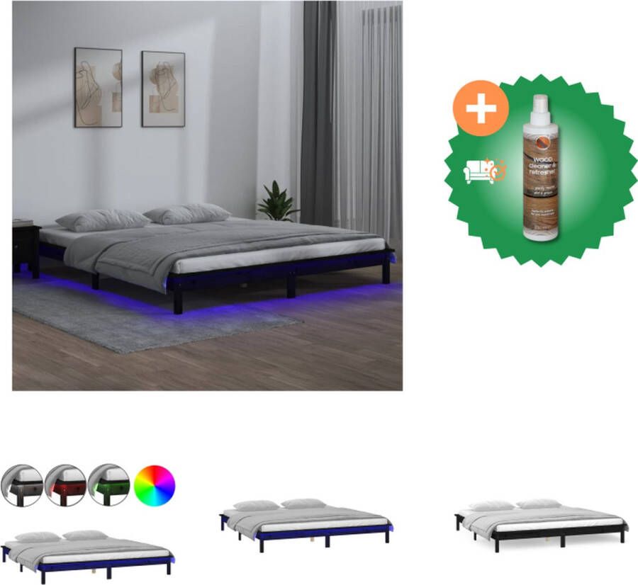 VidaXL Bedframe Massief Grenenhout LED-verlichting 135 x 190 cm Zwart Bed Inclusief Houtreiniger en verfrisser