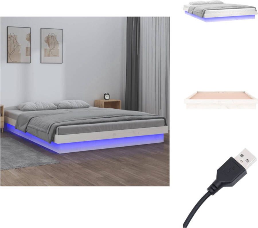VidaXL Bedframe Massief Grenenhout LED-verlichting 140 x 190 cm Wit Bed