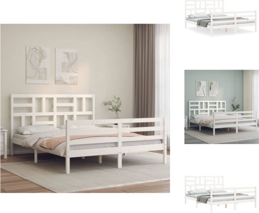 VidaXL Bedframe Bedframes Bed Tweepersoonsbed Bedframe met hoofdbord massief hout wit 160x200 cm - Foto 6