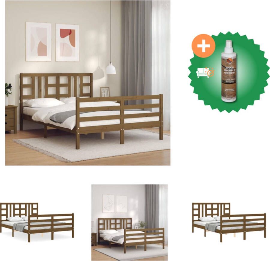 VidaXL Bedframe Massief Grenenhout Multiplex Lattenbodem Functioneel hoofd- en voeteneinde 205.5 x 165.5 x 100 cm Honingbruin Bed Inclusief Houtreiniger en verfrisser