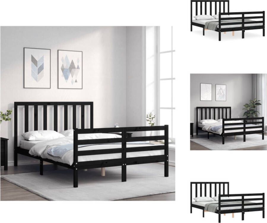 VidaXL Bedframe Massief Grenenhout Multiplex Lattenbodem Functioneel Hoofd- en Voeteneinde Zwart 195.5 x 125.5 x 100 cm Bed