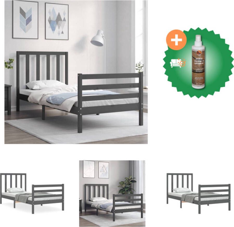 vidaXL Bedframe Massief grenenhout Multiplex lattenbodem Grijs 205.5 x 95.5 x 100 cm Bed Inclusief Houtreiniger en verfrisser