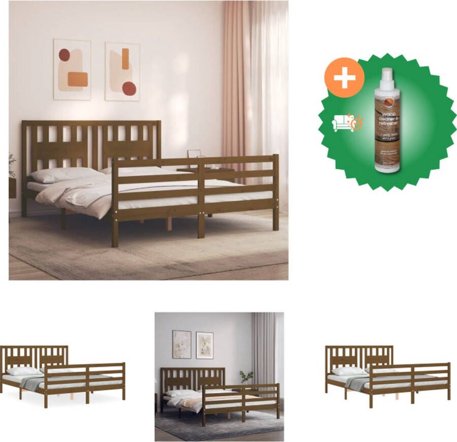 VidaXL Bedframe Massief Grenenhout Multiplex Lattenbodem Honingbruin 205.5 x 165.5 x 100 cm Bed Inclusief Houtreiniger en verfrisser