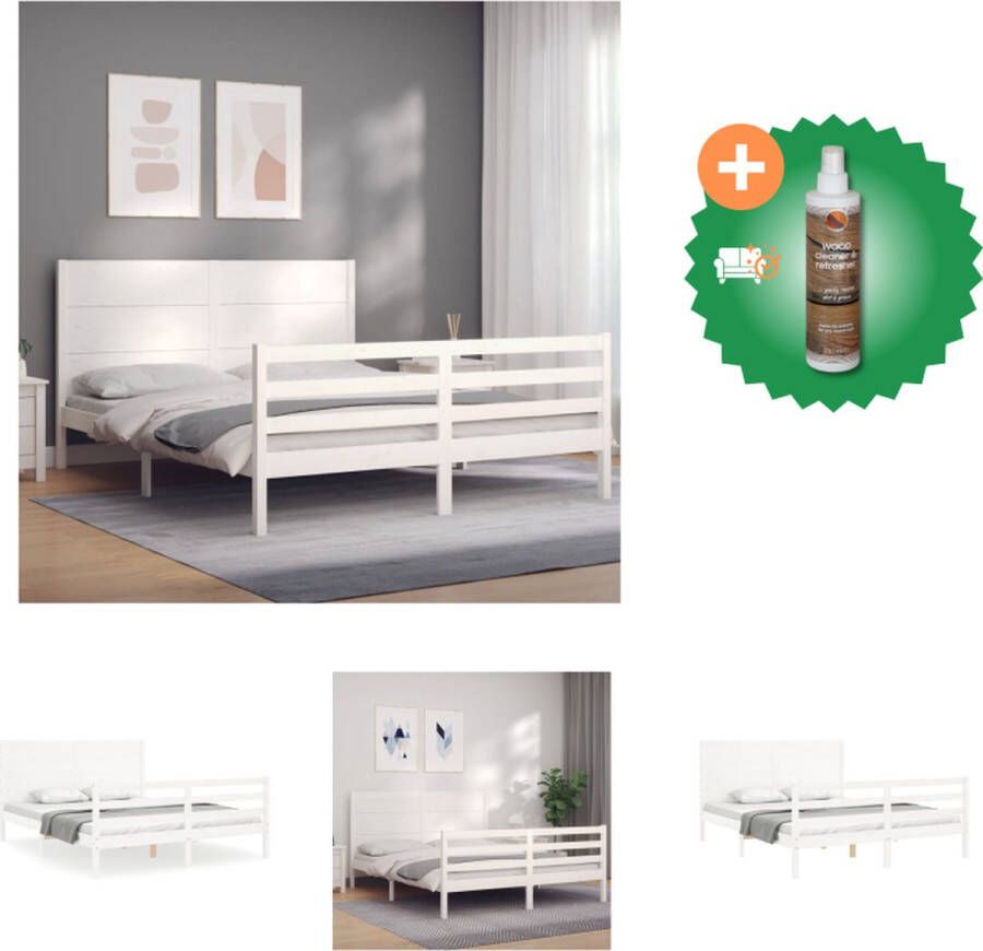 VidaXL Bedframe Massief Grenenhout Wit 205.5 x 155.5 x 100 cm Multiplex Lattenbodem Bed Inclusief Houtreiniger en verfrisser