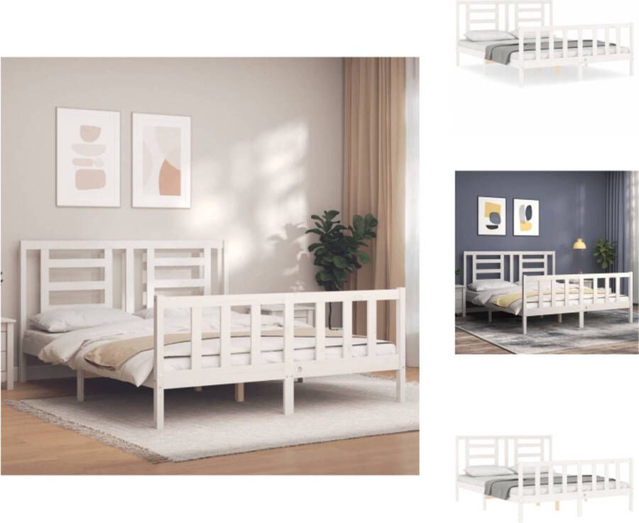 VidaXL Bedframe Massief Grenenhout Wit 205.5 x 155.5 x 100 cm Multiplex Lattenbodem Functioneel Hoofd- en Voeteneinde Bed - Foto 7