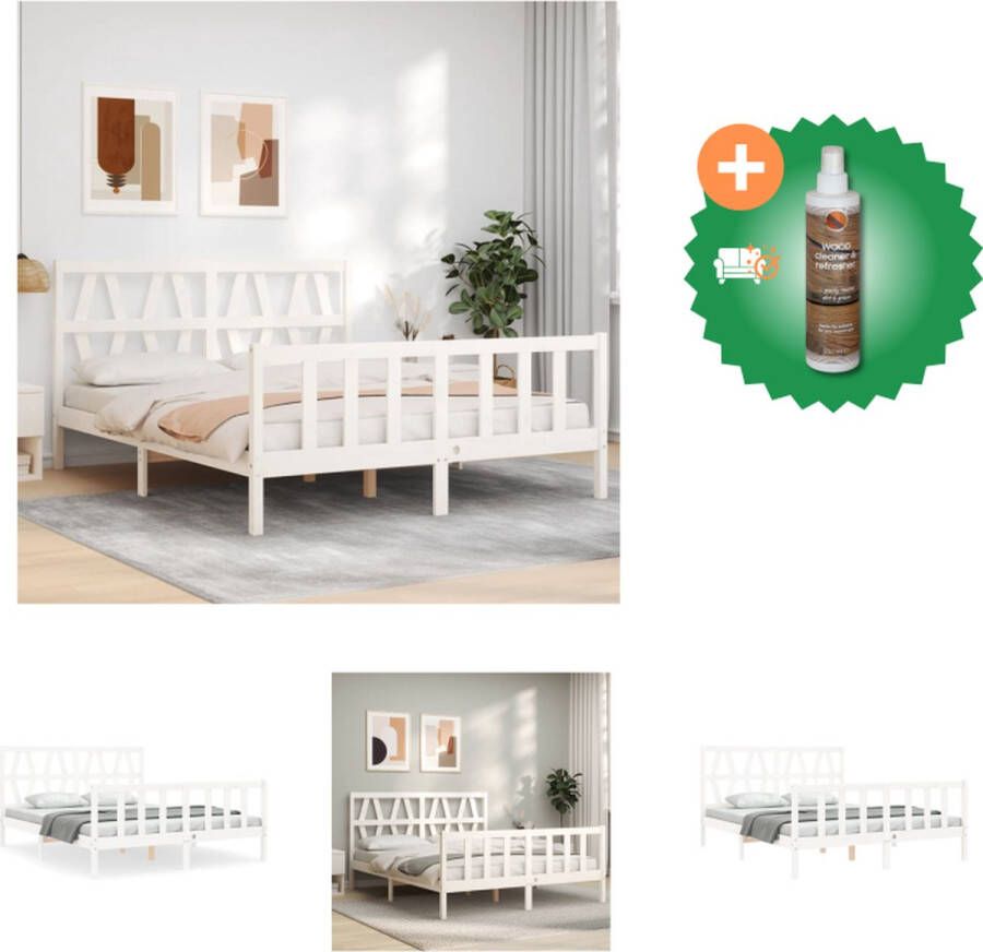 VidaXL Bedframe Massief Grenenhout Wit 205.5 x 165.5 x 100 cm Multiplex lattenbodem Bed Inclusief Houtreiniger en verfrisser