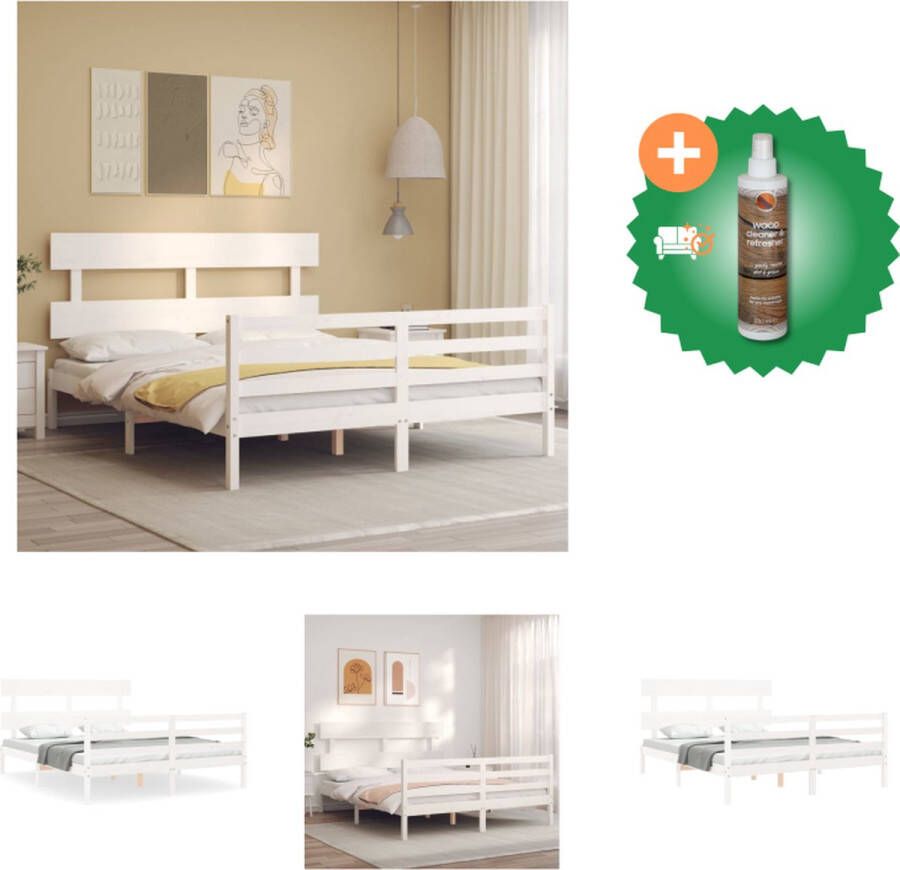 VidaXL Bedframe Massief Grenenhout Wit 205.5 x 165.5 x 81 cm Multiplex lattenbodem Bed Inclusief Houtreiniger en verfrisser