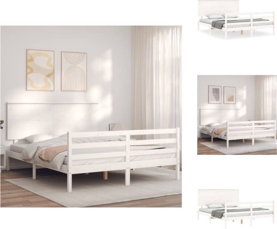 VidaXL Bedframe Bedframes Bed Tweepersoonsbed Bedframe met hoofdbord massief hout wit 5 FT King Size - Foto 3