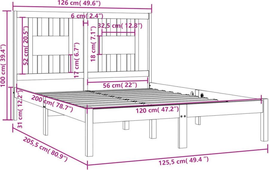 VidaXL -Bedframe-massief-grenenhout-zwart-120x200-cm