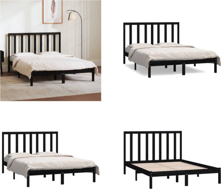 VidaXL Bedframe massief grenenhout zwart 135x190 cm 4FT6 Double Bedframe Bedframes Bed Bedbodem