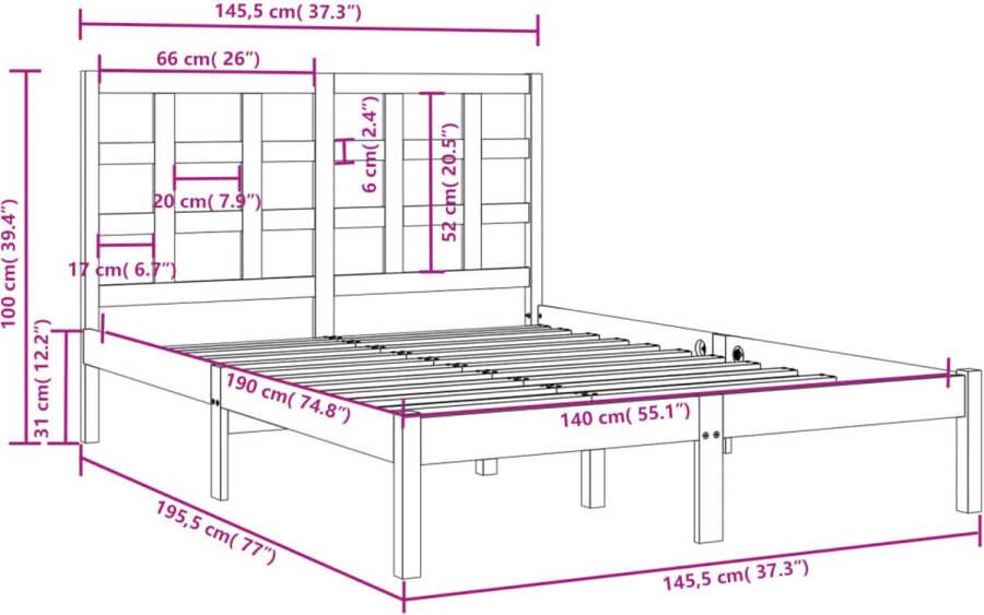 VidaXL -Bedframe-massief-hout-140x190-cm