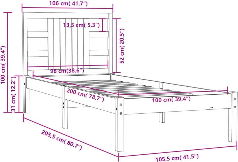 VidaXL -Bedframe-massief-hout-grijs-100x200-cm - Foto 2