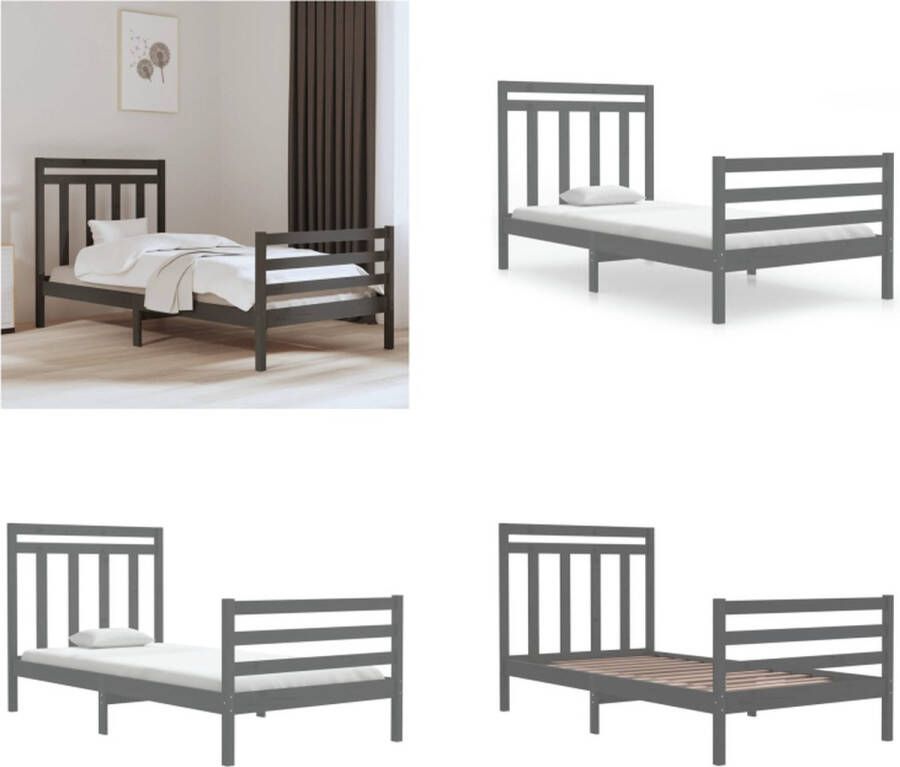 vidaXL Bedframe massief hout grijs 100x200 cm Bedframe Bedframes Eenpersoonsbed Bed