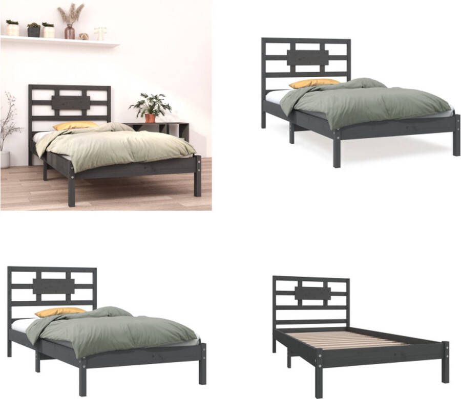 vidaXL Bedframe massief hout grijs 100x200 cm Bedframe Bedframes Eenpersoonsbed Bed