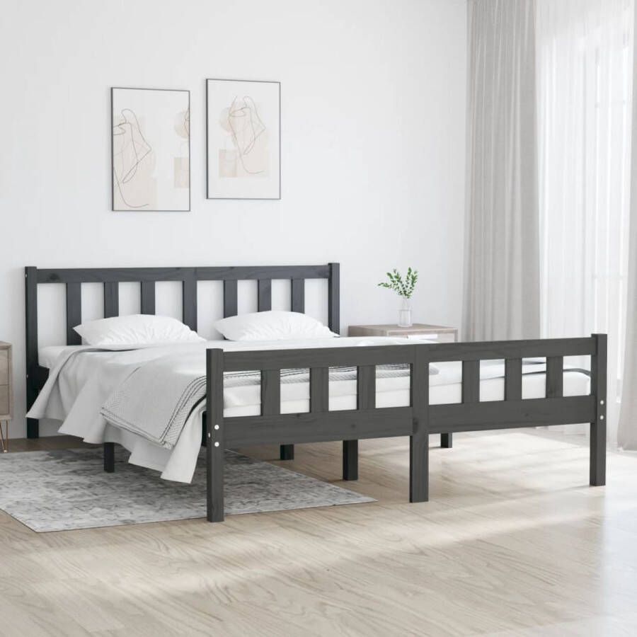 VidaXL -Bedframe-massief-hout-grijs-135x190-cm-4FT6-Double - Foto 1