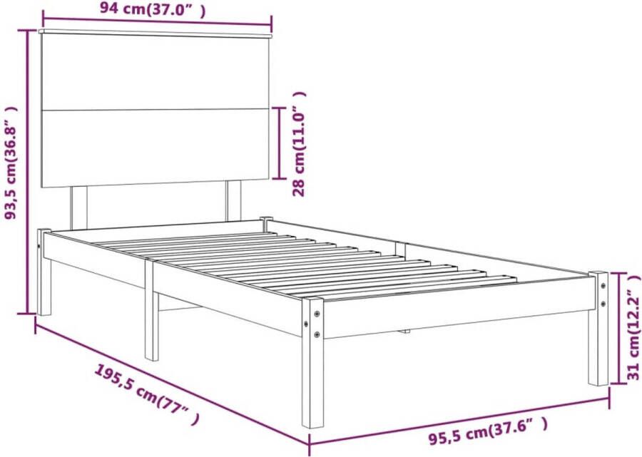 VidaXL -Bedframe-massief-hout-grijs-90x190-cm-3FT-Single - Foto 2