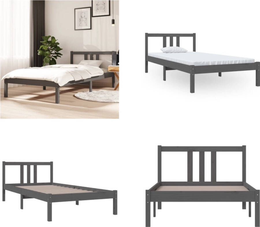 VidaXL Bedframe massief hout grijs 90x190 cm 3FT Single Bedframe Bedframes Bed Bedbodem