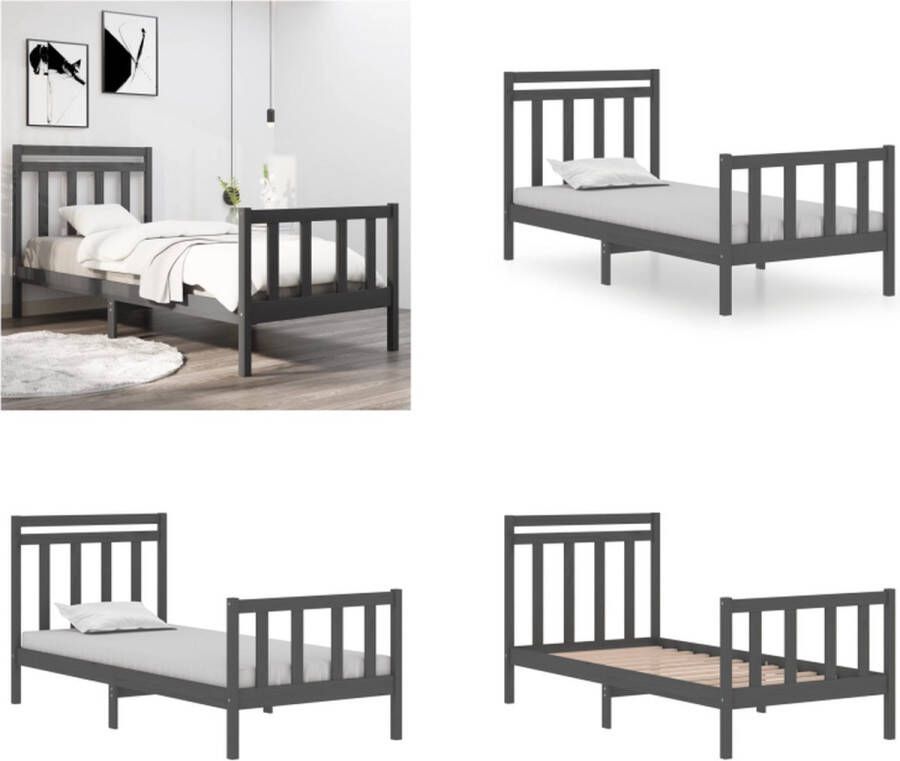 VidaXL Bedframe massief hout grijs 90x190 cm 3FT Single Bedframe Bedframes Eenpersoonsbed Bed