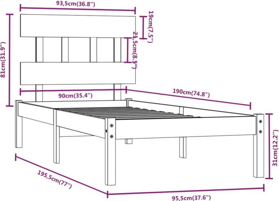 VidaXL -Bedframe-massief-hout-grijs-90x190-cm-3FT6-Single - Foto 2