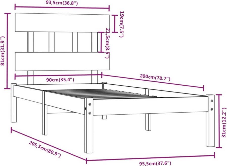 VidaXL -Bedframe-massief-hout-grijs-90x200-cm - Foto 2