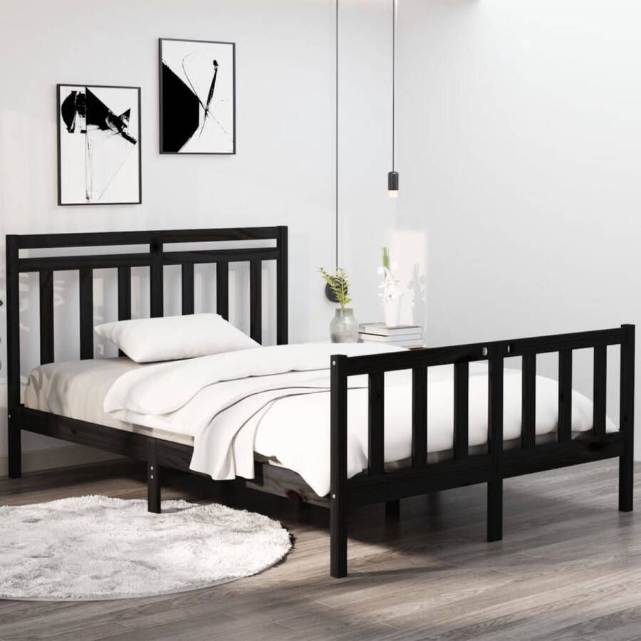 VidaXL -Bedframe-massief-hout-zwart-135x190-cm-4FT6-Double - Foto 1