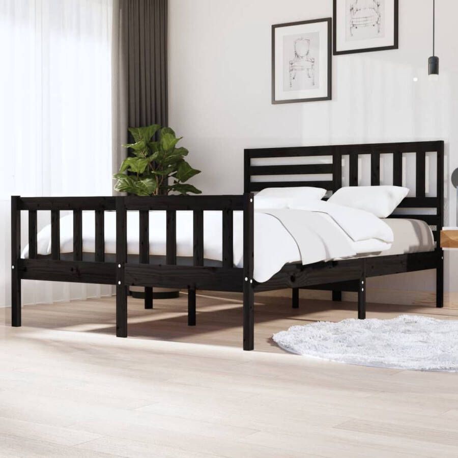 VidaXL Bedframe Massief Hout Zwart 150x200 cm Houten Bedframe Tweepersoons Bed Zwarte Bedpost Grenenhout Bed King Size Bed Modern Bed Minimalistisch Bed Slaapcomfort - Foto 2