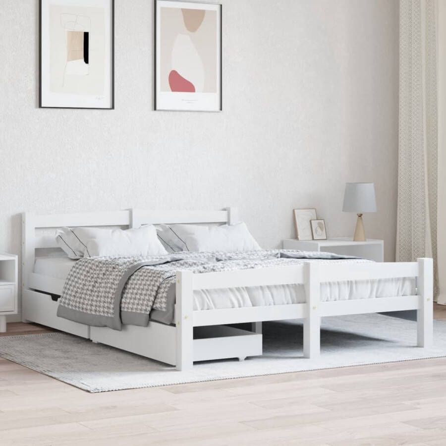 VidaXL -Bedframe-met-2-lades-massief-grenenhout-wit-140x200-cm