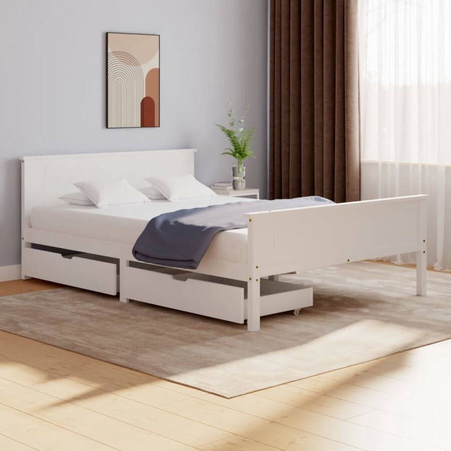 VidaXL -Bedframe-met-2-lades-massief-grenenhout-wit-160x200-cm