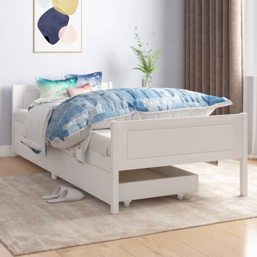 VidaXL -Bedframe-met-2-lades-massief-grenenhout-wit-90x200-cm - Foto 1