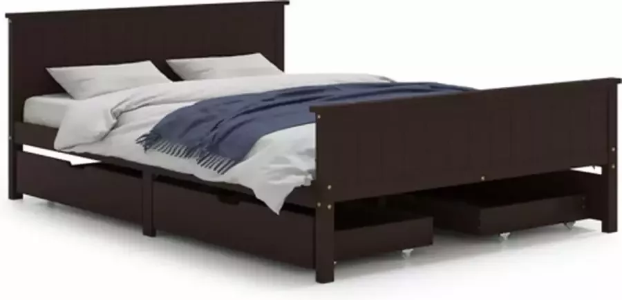 VidaXL Bedframe met 4 lades 140x200 cm massief grenenhout donkerbruin - Foto 2