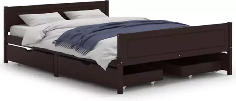 VidaXL Bedframe met 4 lades 140x200 cm massief grenenhout donkerbruin - Foto 2