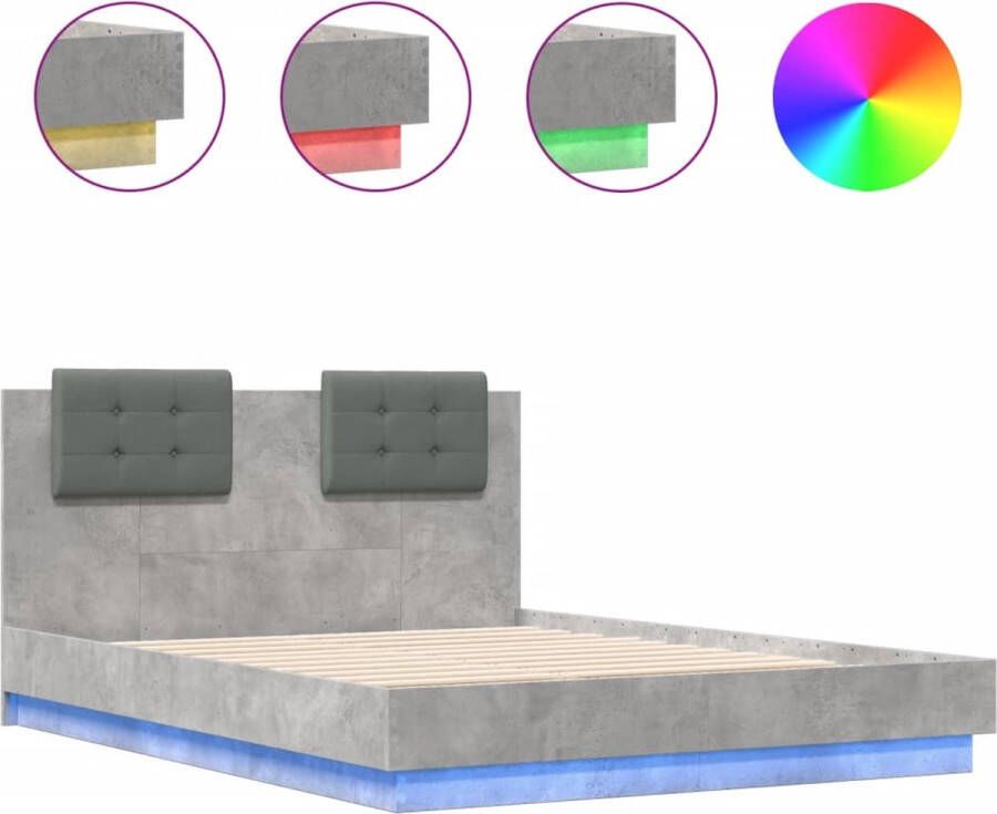 VidaXL -Bedframe-met-hoofdbord-en-LED-verlichting-betongrijs-135x190-cm - Foto 2