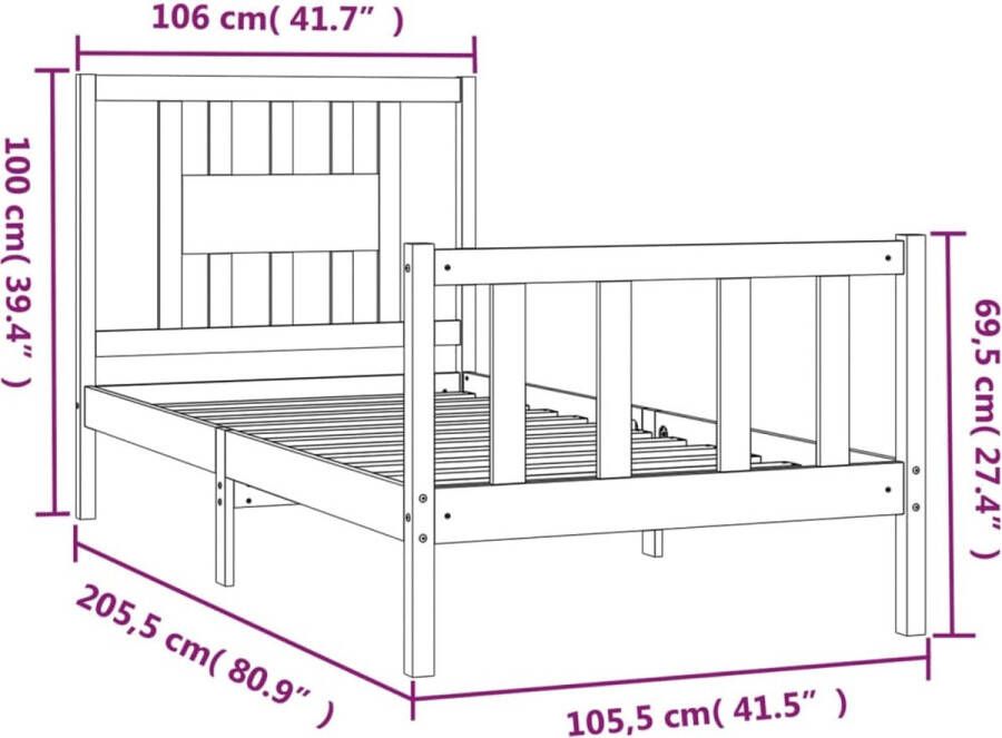 VidaXL -Bedframe-met-hoofdbord-massief-grenenhout-grijs-100x200-cm