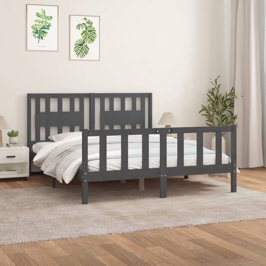 VidaXL -Bedframe-met-hoofdbord-massief-grenenhout-grijs-160x200-cm - Foto 3