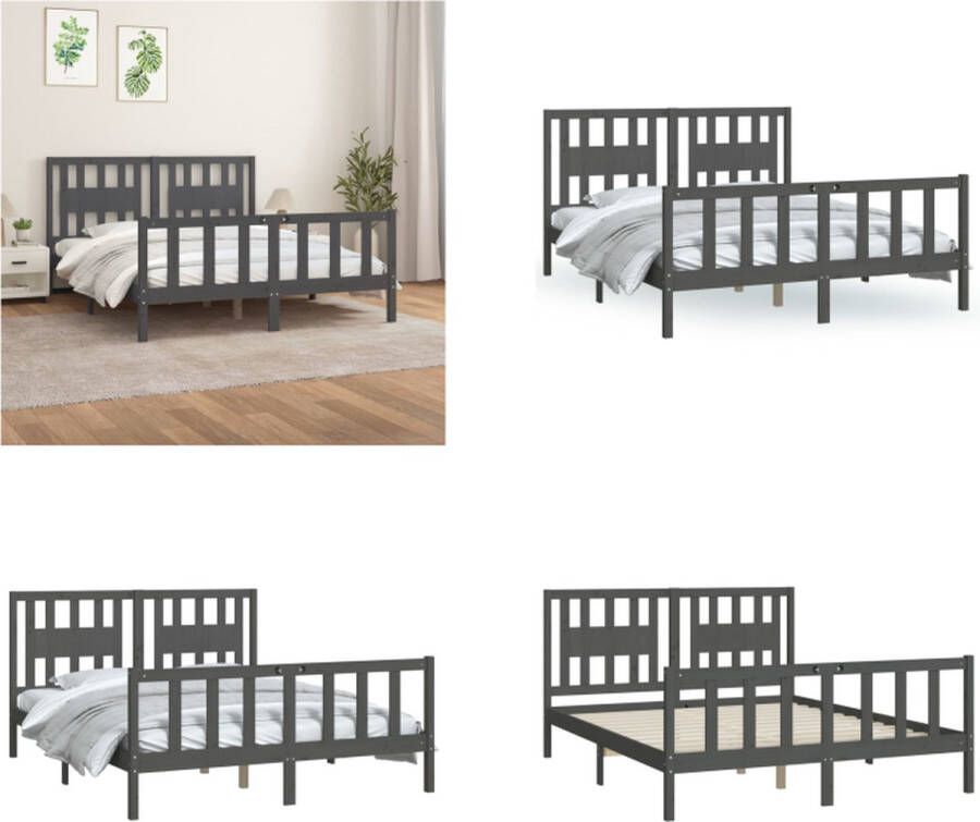 VidaXL Bedframe met hoofdbord massief grenenhout grijs 160x200 cm Bedframe Bedframes Bed Bedombouw