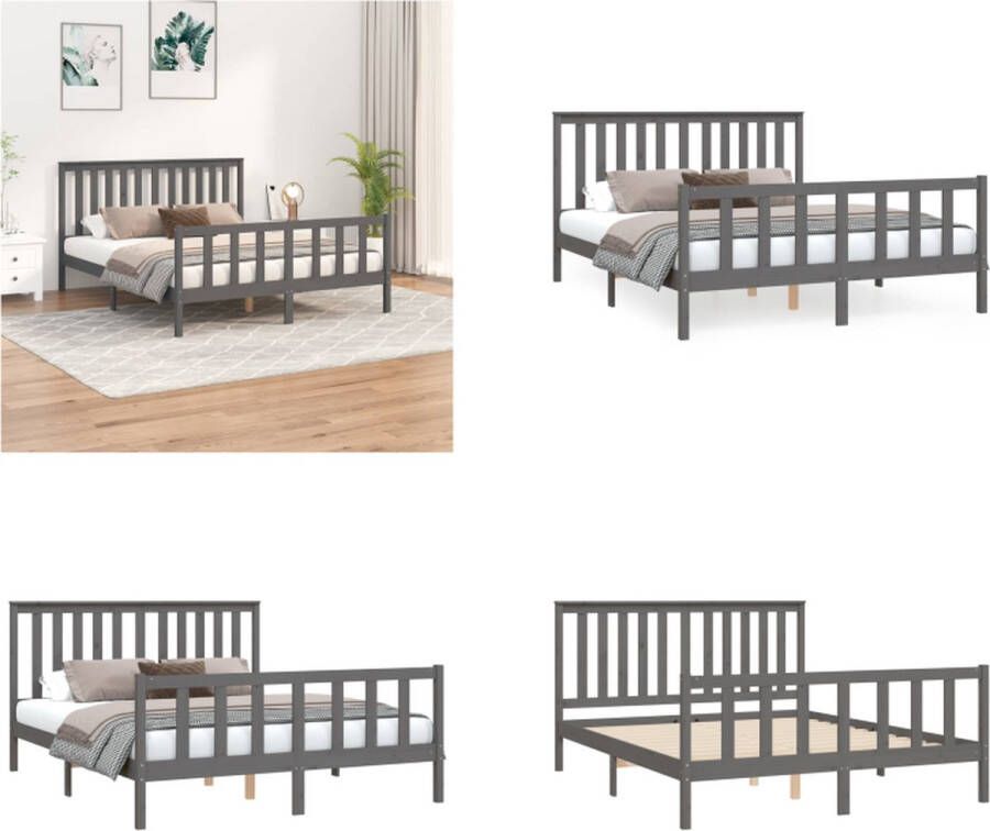 VidaXL Bedframe met hoofdbord massief grenenhout grijs 160x200 cm Bedframe Bedframes Tweepersoonsbed Bed