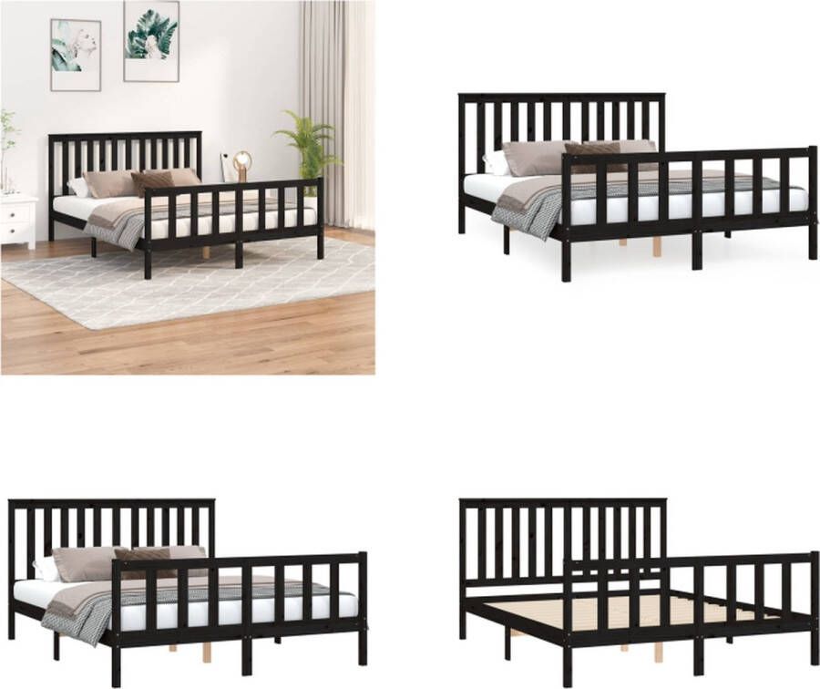 VidaXL Bedframe met hoofdbord massief grenenhout zwart 160x200 cm Bedframe Bedframes Tweepersoonsbed Bed